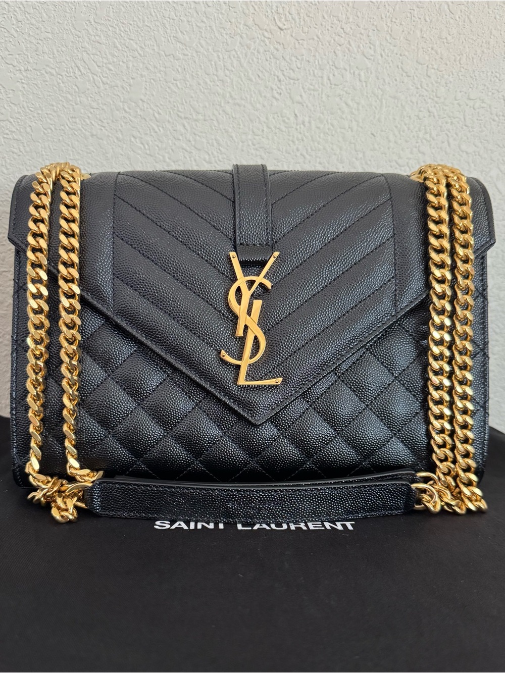 Saint Laurent Medium Triquilt Envelope Grained Leather Chain Bag in Black